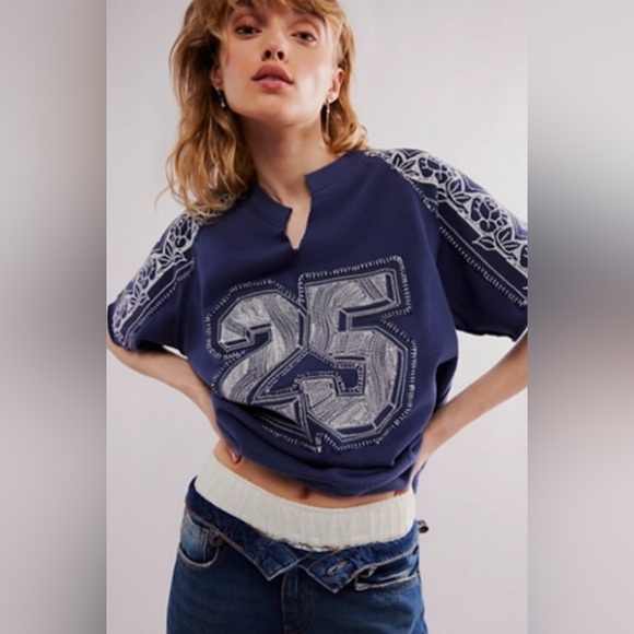 Free People Navy Blue Short Sleeve Tee - Picture 1 of 7